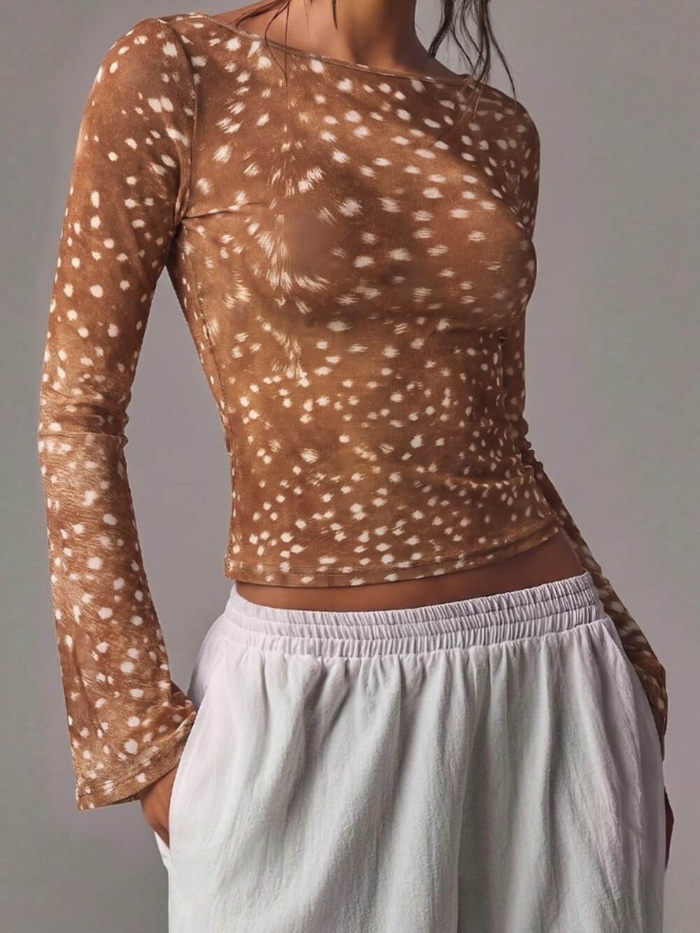 Brown Casual Women's Dotted Mesh Long Sleeve Crop Top